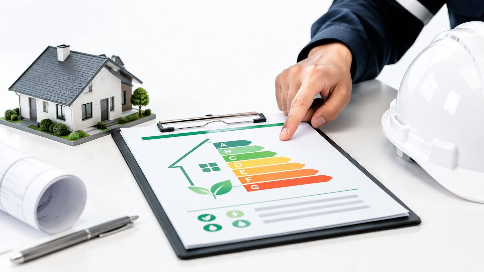 Certificados Energéticos | Documentos para alquilar un piso: Guía práctica Un inspector inmobiliario señala un certificado de eficiencia energética junto a una maqueta de una casa.