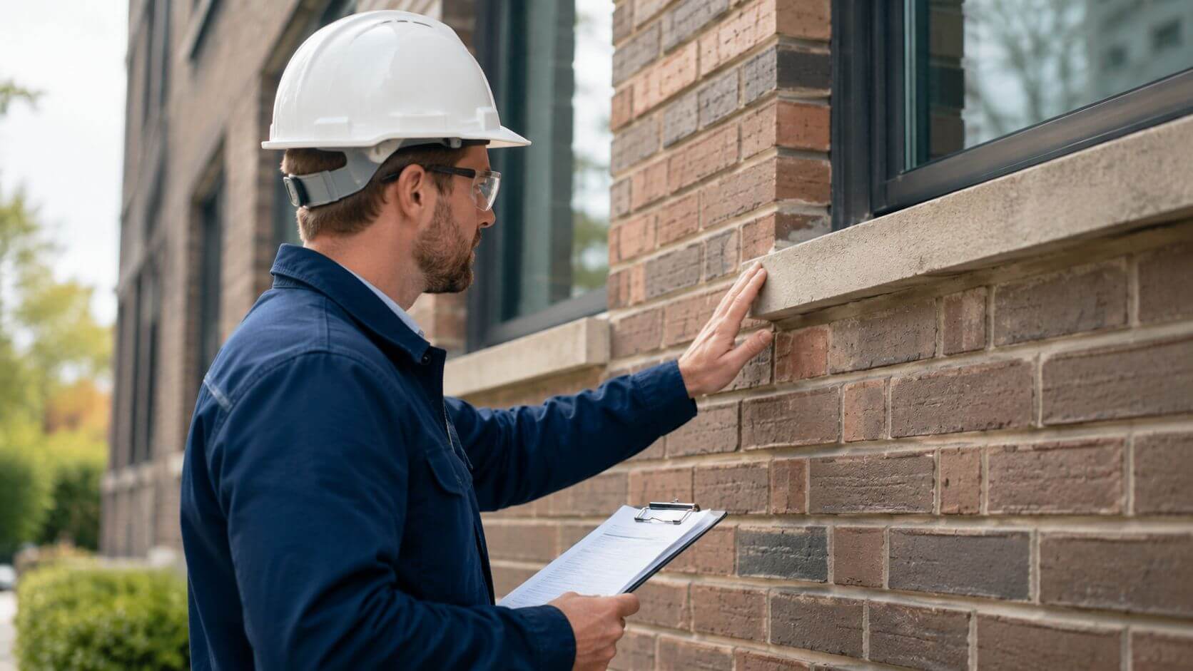 Certificados Energéticos | Informe técnico vivienda: Qué es y cuándo pedirlo Un inspector de construcción con casco y portapapeles examina la fachada de ladrillo de un edificio residencial.