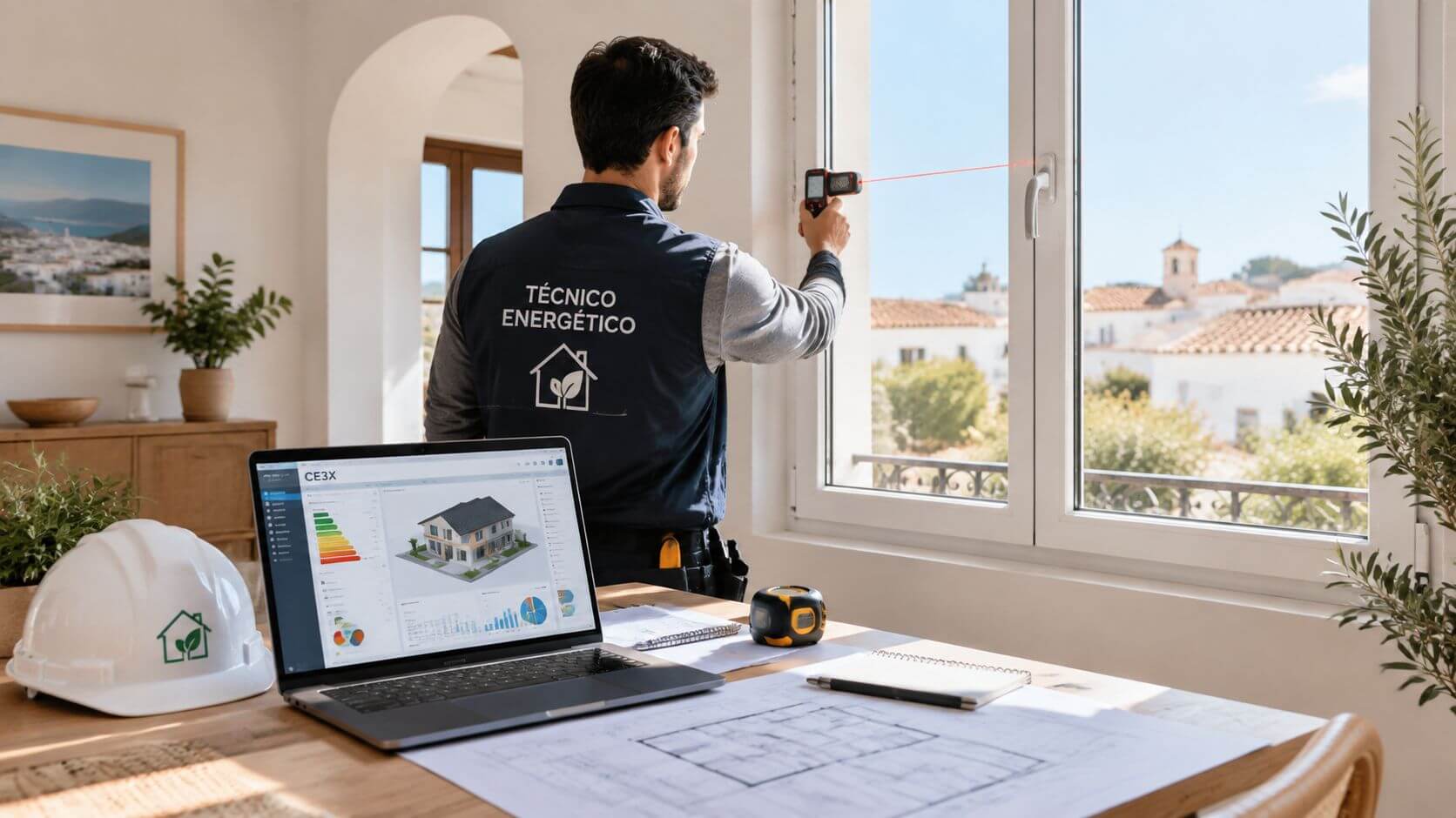 Certificados Energéticos | Mejorar la calificación energética: Guía práctica para viviendas Técnico energético utilizando un medidor láser frente a una ventana mientras analiza datos en su ordenador portátil.
