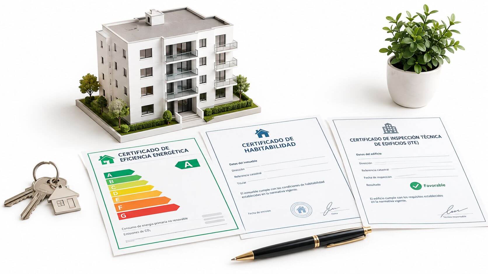 Certificados Energéticos | Escritura de vivienda heredada: Guía práctica completa Maqueta de un edificio residencial junto a certificados de eficiencia, habitabilidad e inspección técnica sobre una mesa.