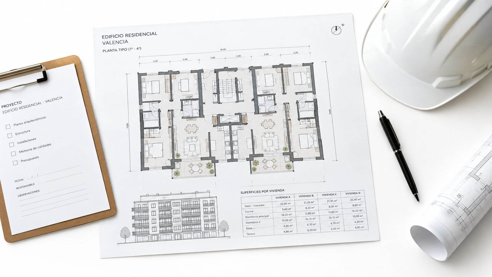 Certificados Energéticos | ITE o IEE: diferencias clave y cuándo procede cada informe Plano arquitectónico de un edificio residencial con una tabla de superficies y una obra en proceso.