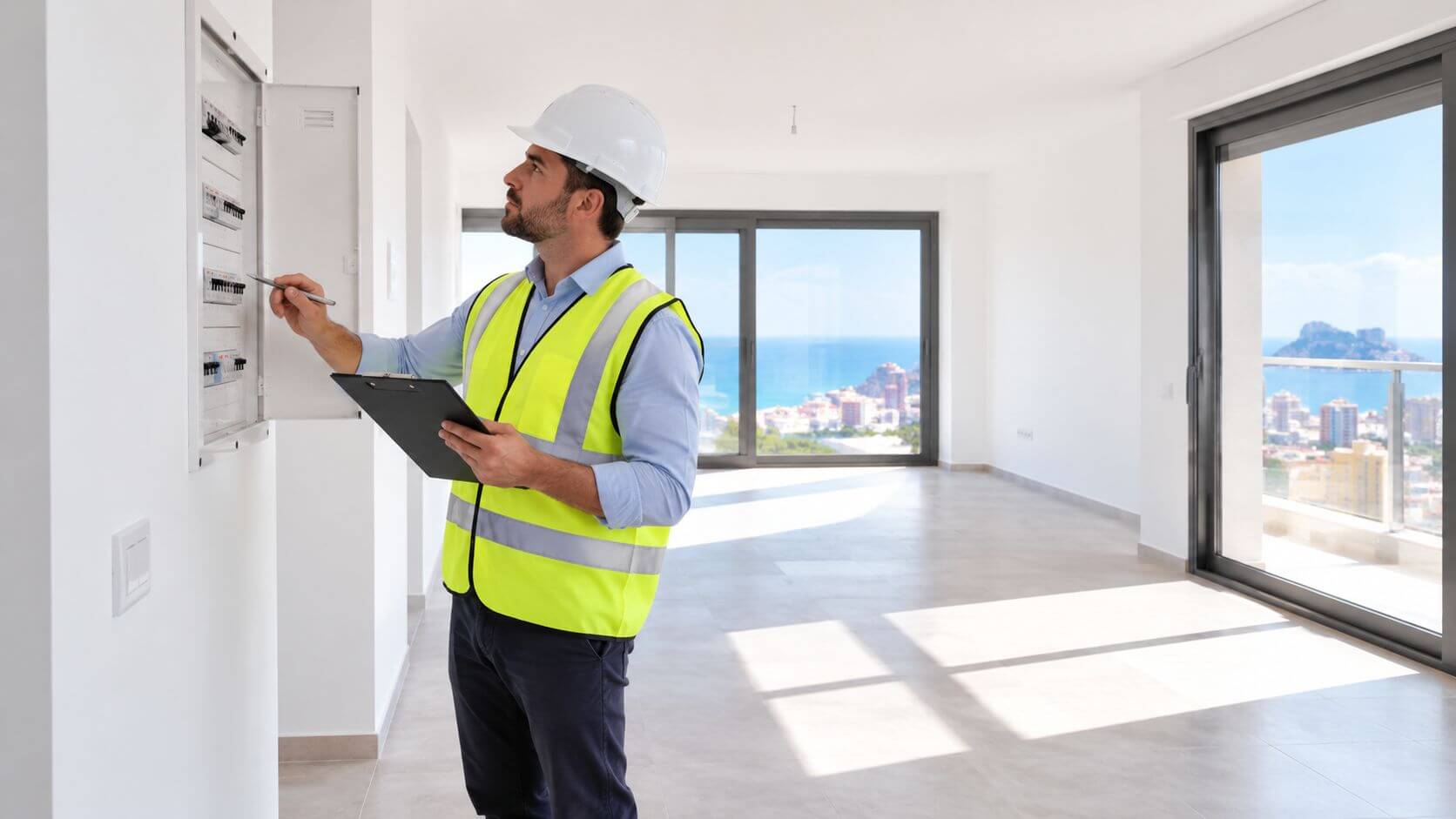 Certificados Energéticos | Segunda ocupación Alicante Un inspector técnico revisa el cuadro eléctrico de un apartamento luminoso con vistas al mar en Alicante.