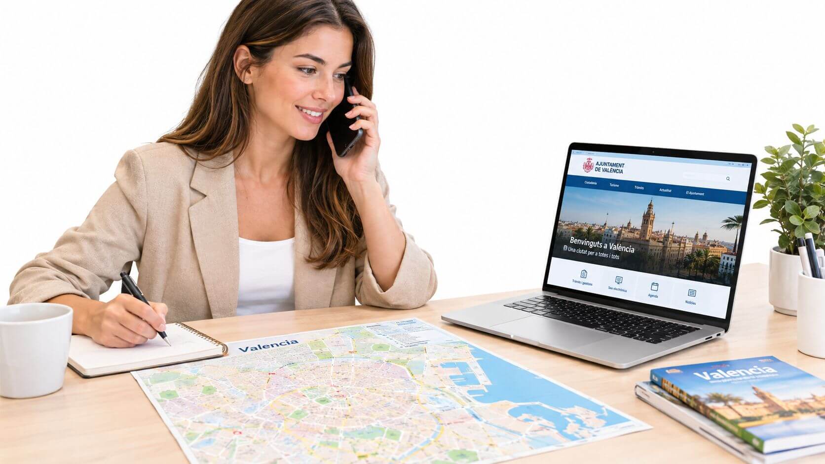 Certificados Energéticos | Segunda ocupación Valencia: Guía práctica para tramitarla Una mujer trabajando en un escritorio con un mapa de Valencia y una página web municipal