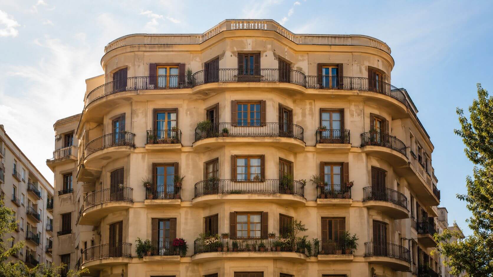 Certificados Energéticos | Informe técnico vivienda: Qué es y cuándo pedirlo Fachada de un edificio clásico europeo con balcones curvos y ventanas de madera en un día soleado.