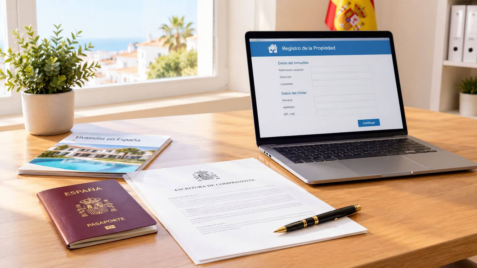 Escritorio con laptop abierta, pasaporte español, escritura de compraventa y documentos sobre la vivienda en España.