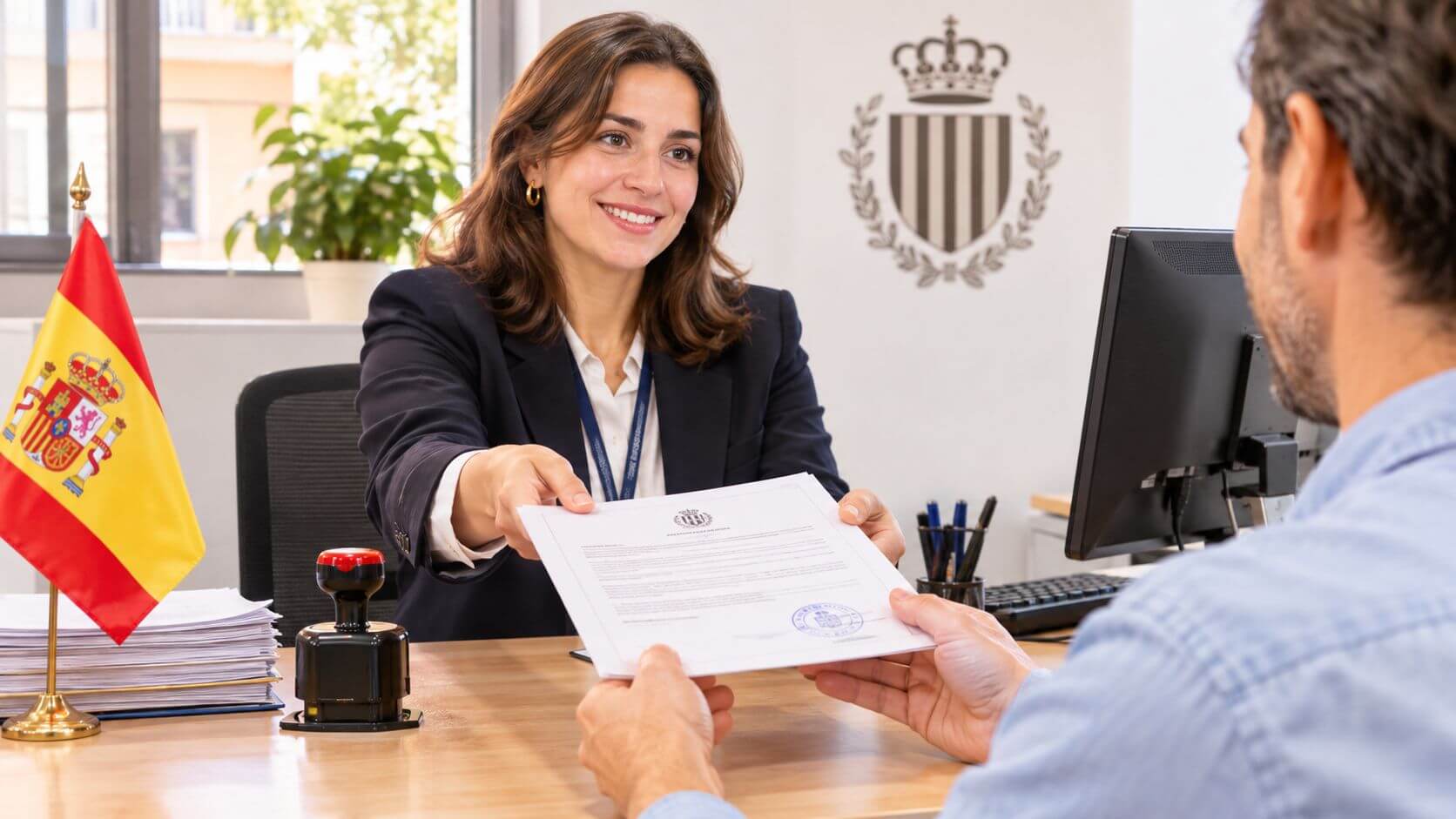 Una empleada pública entrega un documento oficial a un ciudadano en una oficina administrativa en Valencia.