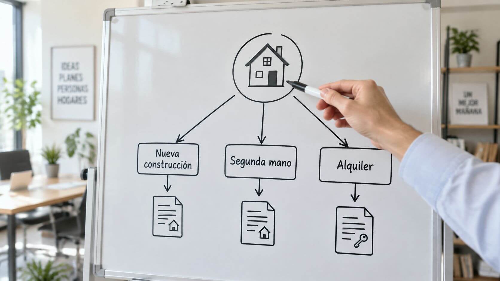 Certificados Energéticos | Cédula de Habitabilidad: qué es Una mano señalando un diagrama en una pizarra sobre tipos de viviendas: nueva, segunda mano y alquiler.