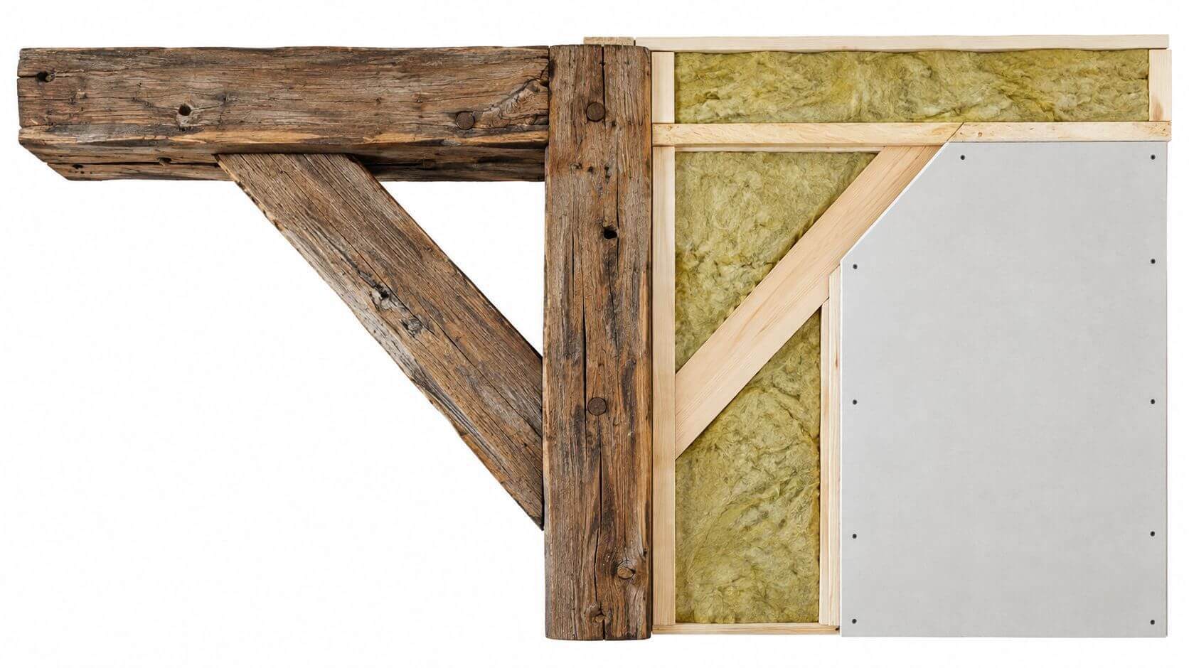 Certificados Energéticos | Cómo reforzar un forjado de madera antiguo: Guía práctica Sección transversal que muestra una viga de madera antigua conectada a una nueva estructura de pared aislada.
