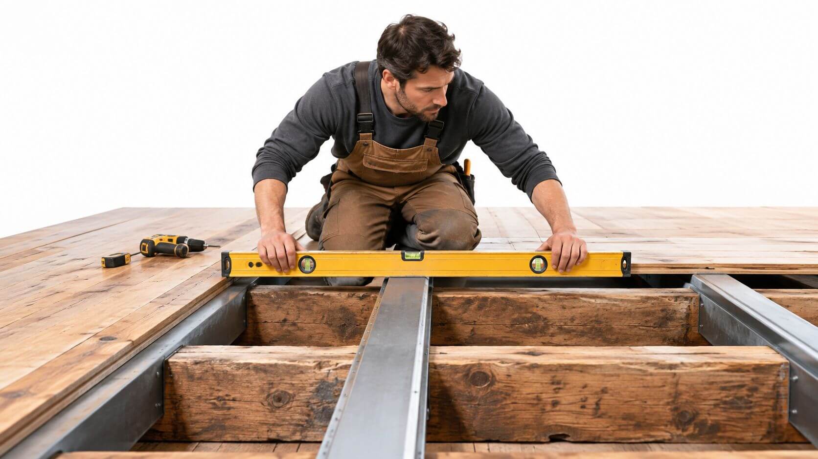 Certificados Energéticos | Cómo reforzar un forjado de madera antiguo: Guía práctica Un trabajador instalador midiendo el nivel de un suelo de madera antigua sobre vigas metálicas.