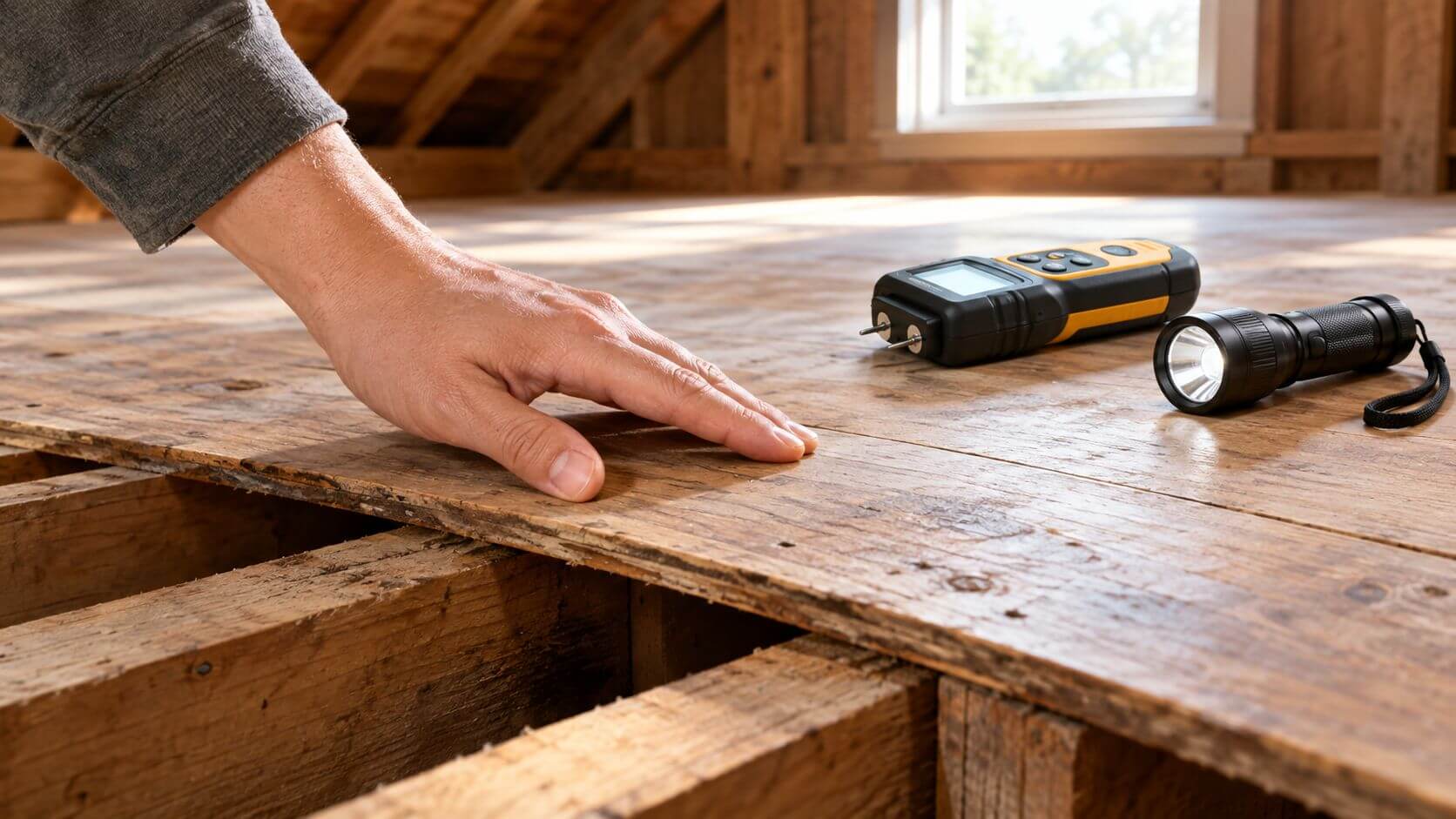 Certificados Energéticos | Cómo reforzar un forjado de madera antiguo: Guía práctica Una mano examinando un suelo de madera antiguo con un medidor de humedad y una linterna.