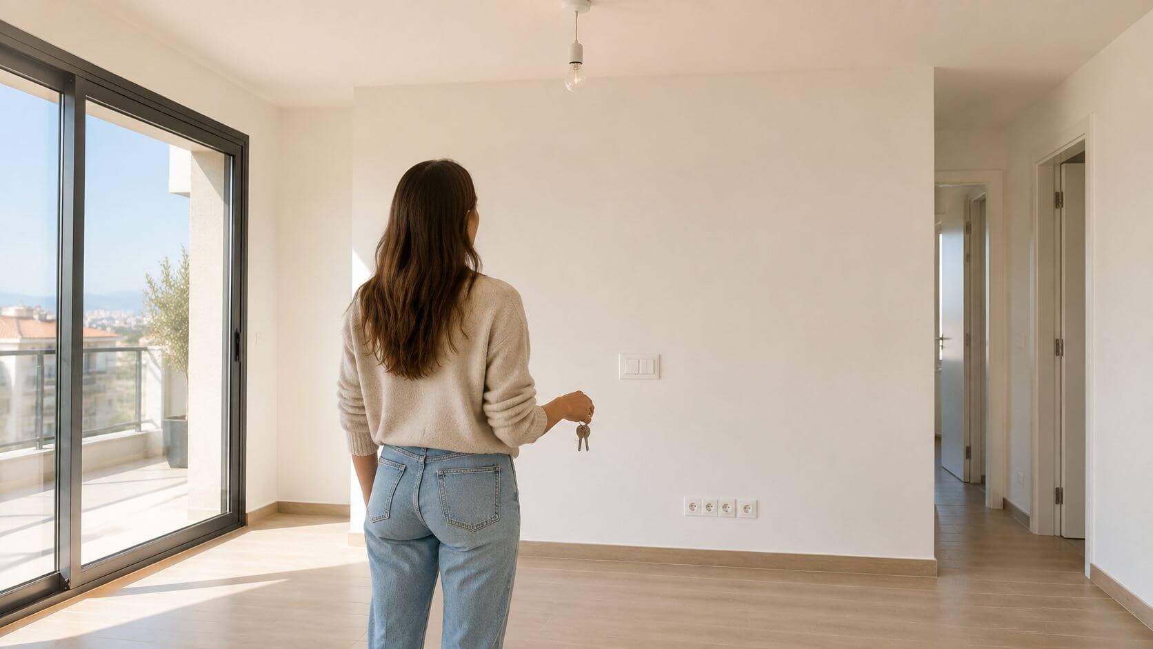Una mujer de espaldas sostiene las llaves de su nuevo hogar en un apartamento luminoso y vacío