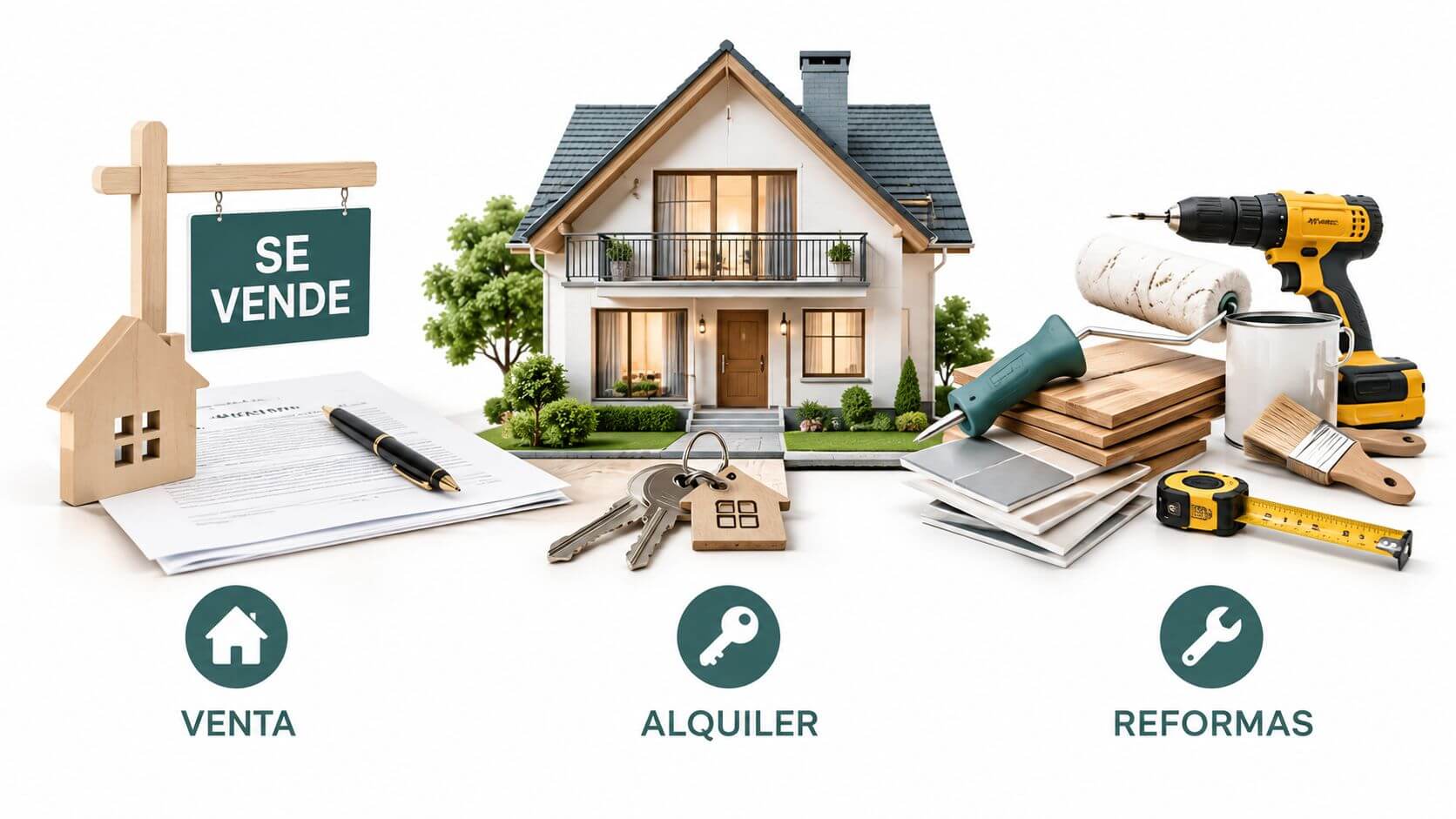 Representación visual sobre servicios inmobiliarios que incluyen venta, alquiler y reformas integrales de viviendas.