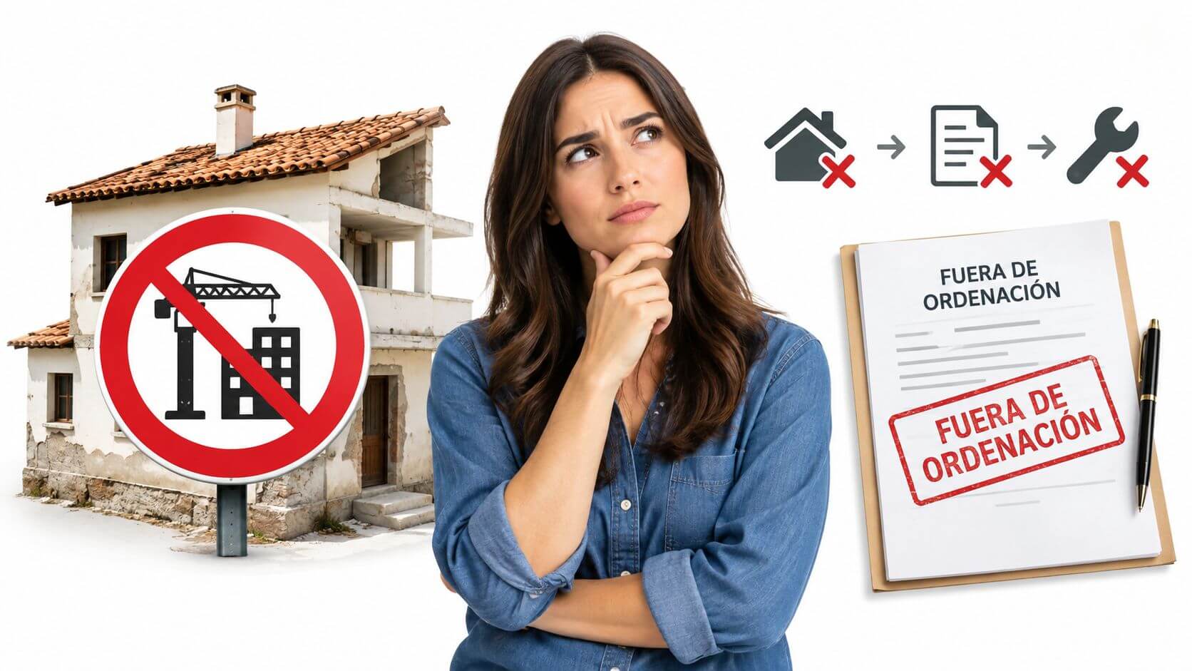 Una mujer pensativa junto a una casa deteriorada con un cartel de prohibido construir y documentación legal.