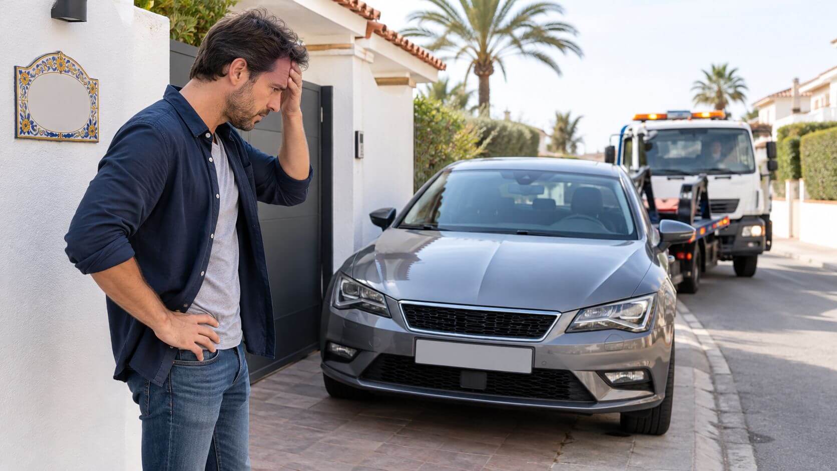 Certificados Energéticos | Placa de vado permanente en Valencia: Guía completa Un hombre estresado junto a su coche frente a un vado permanente esperando a la grúa.