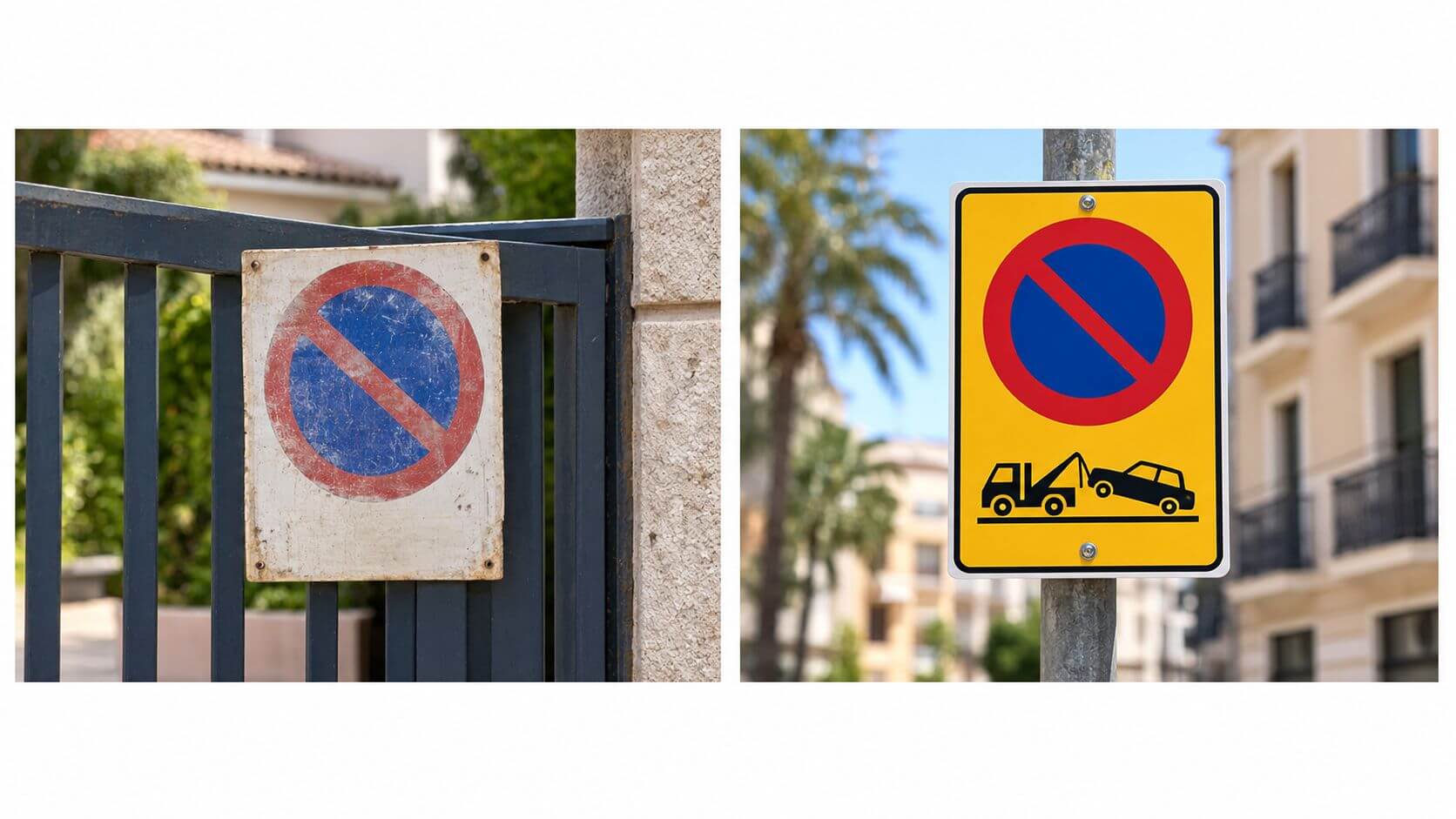 Certificados Energéticos | Placa de vado permanente en Valencia: Guía completa Dos señales de tráfico de prohibido aparcar, una vieja sobre una verja y otra nueva de grúa.