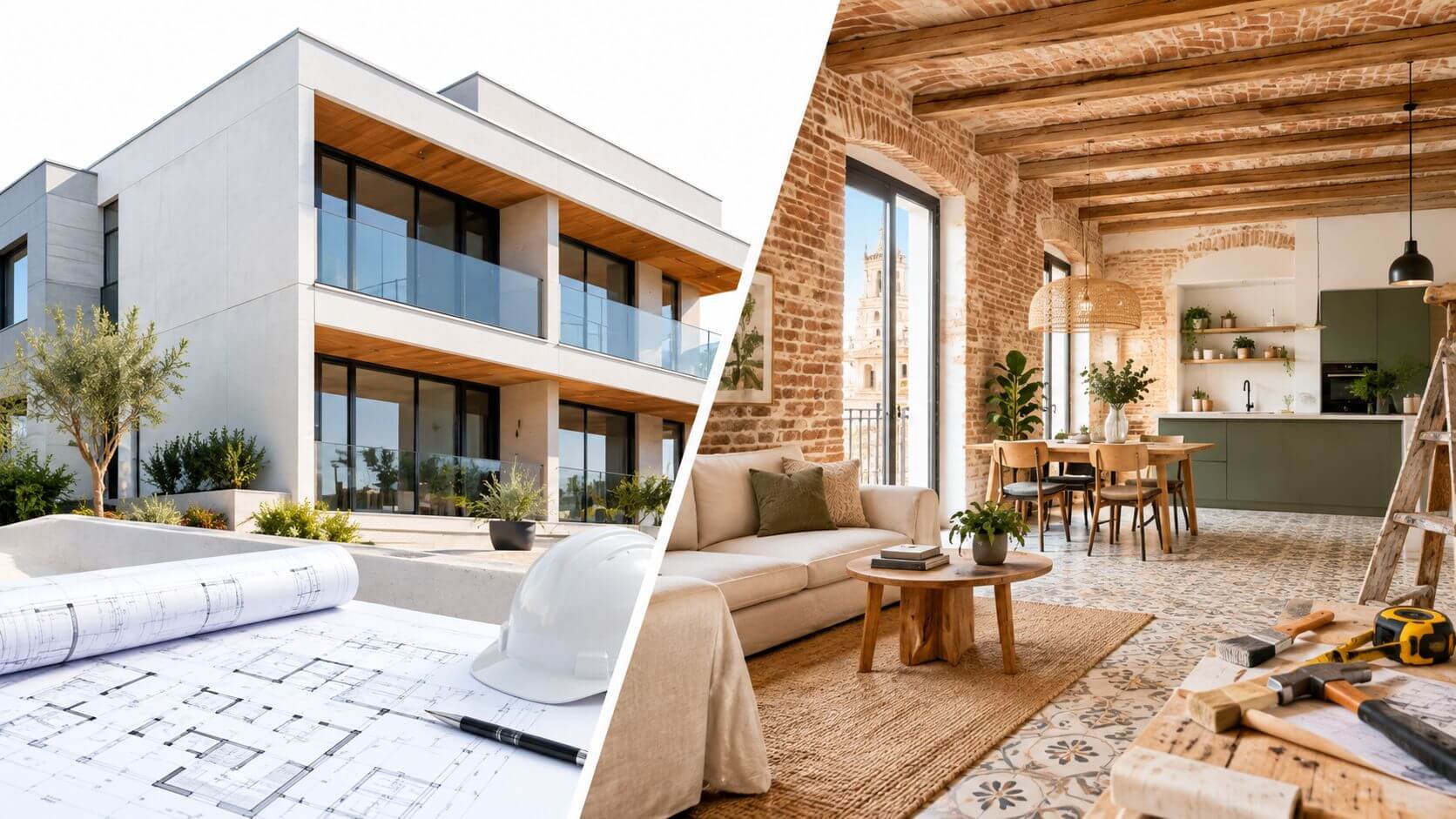 Certificados Energéticos | Declaración responsable de primera ocupación en la Comunidad Valenciana: Guía Representación dividida que muestra planos de construcción junto a una moderna casa y un interior reformado.
