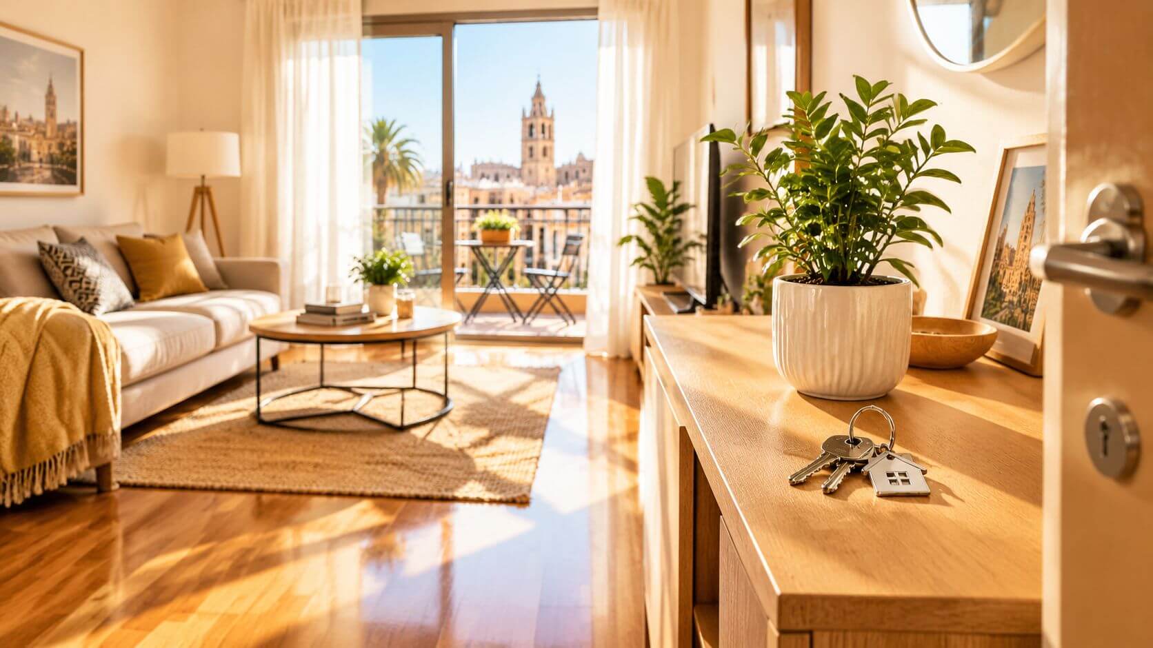 Certificados Energéticos | Declaración responsable de primera ocupación en la Comunidad Valenciana: Guía Sala de estar moderna y luminosa con acceso a un balcón que muestra vistas a una catedral