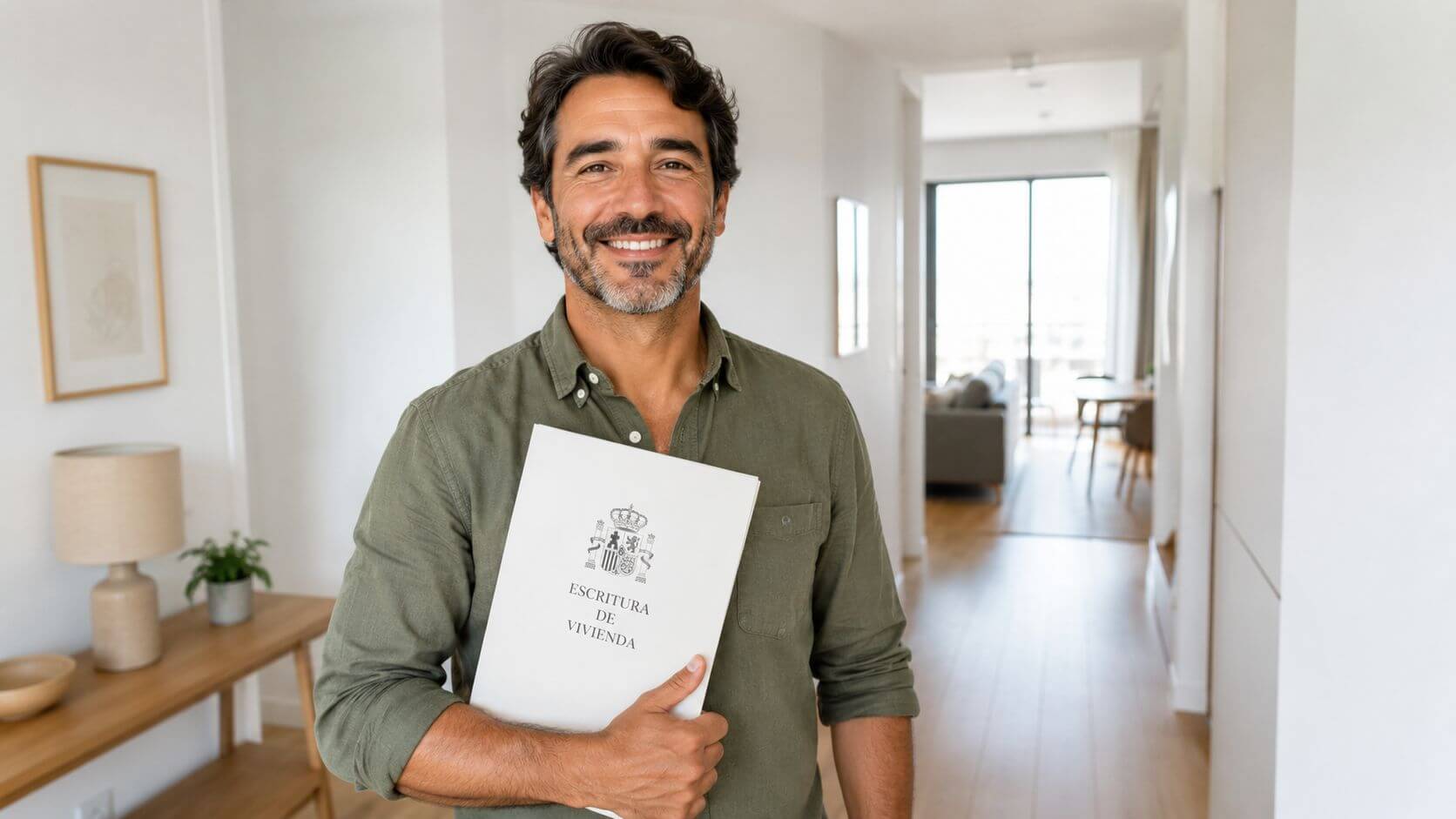 Certificados Energéticos | Declaración responsable de ocupación: Guía práctica 2026 Un hombre sonriente sosteniendo un documento de escritura de vivienda en el interior de su casa.