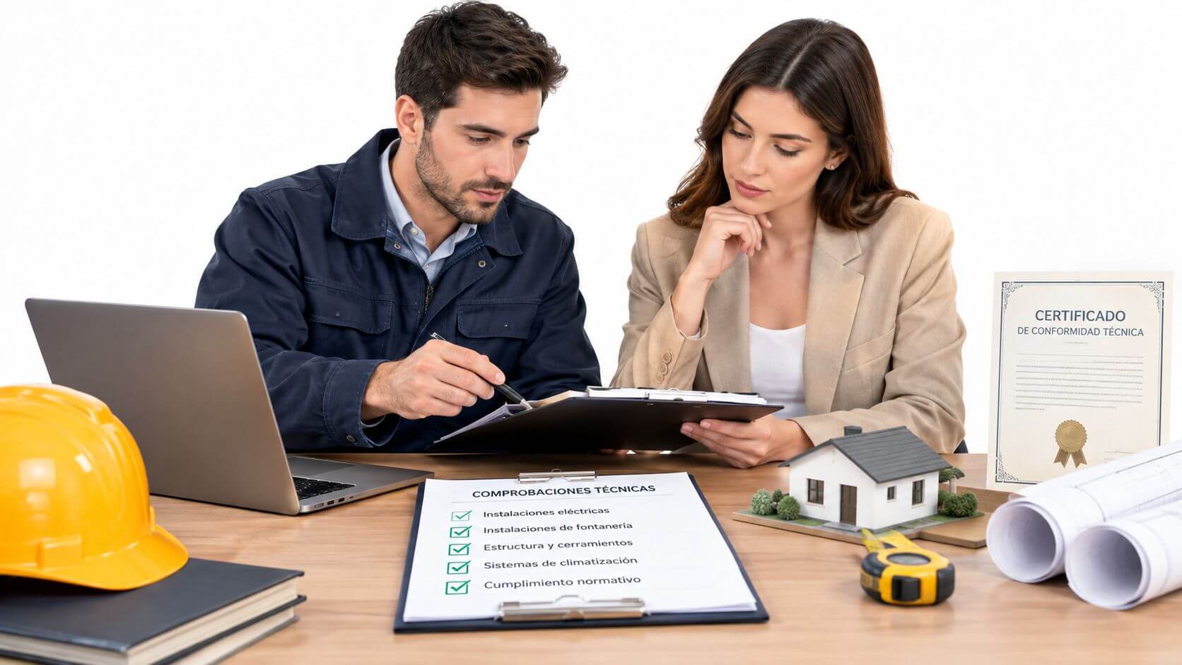 Un hombre y una mujer revisando documentos técnicos y certificados de construcción en una oficina profesional.