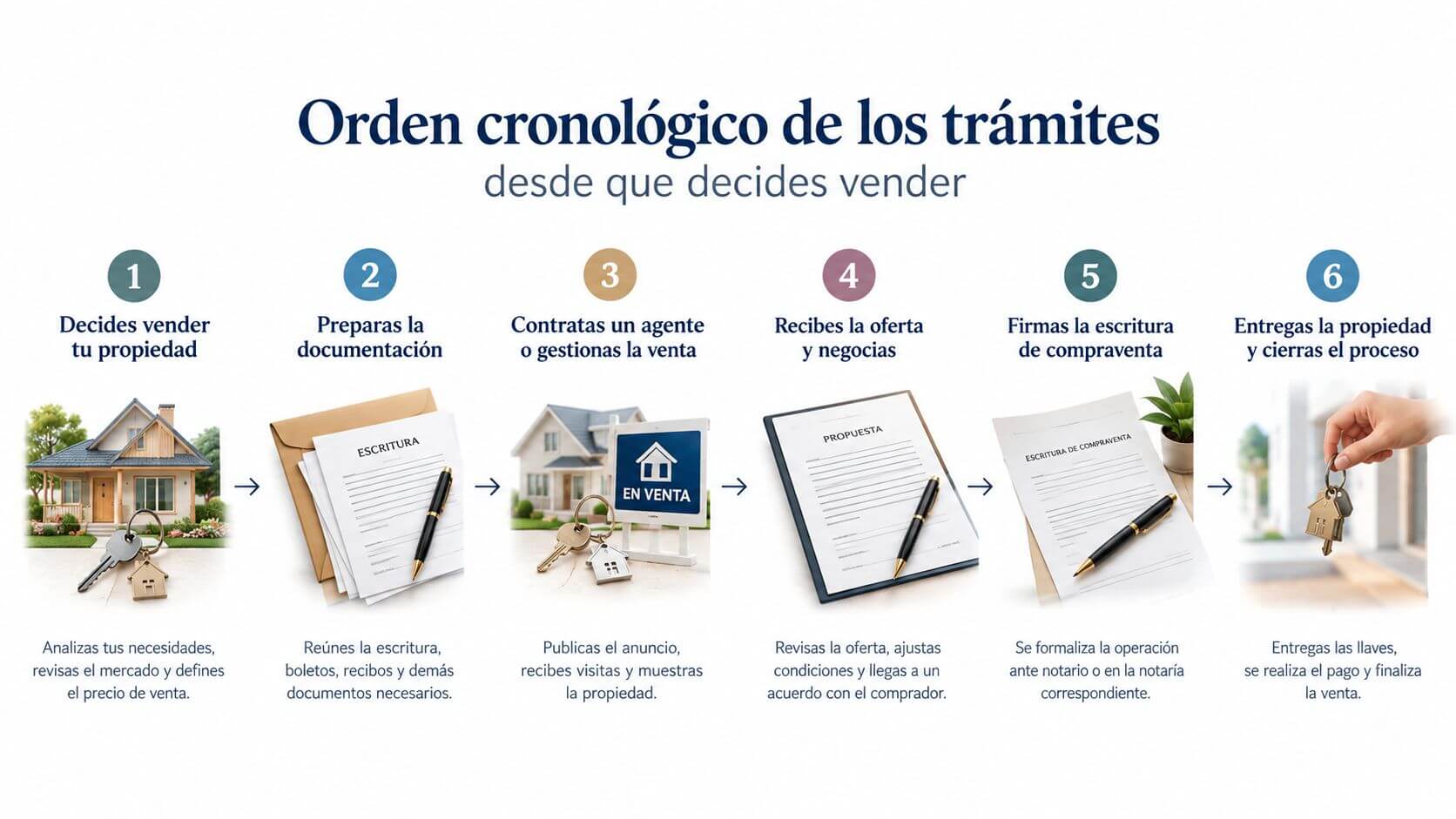 Infografía que detalla el orden cronológico de los seis pasos para vender una propiedad inmobiliaria.