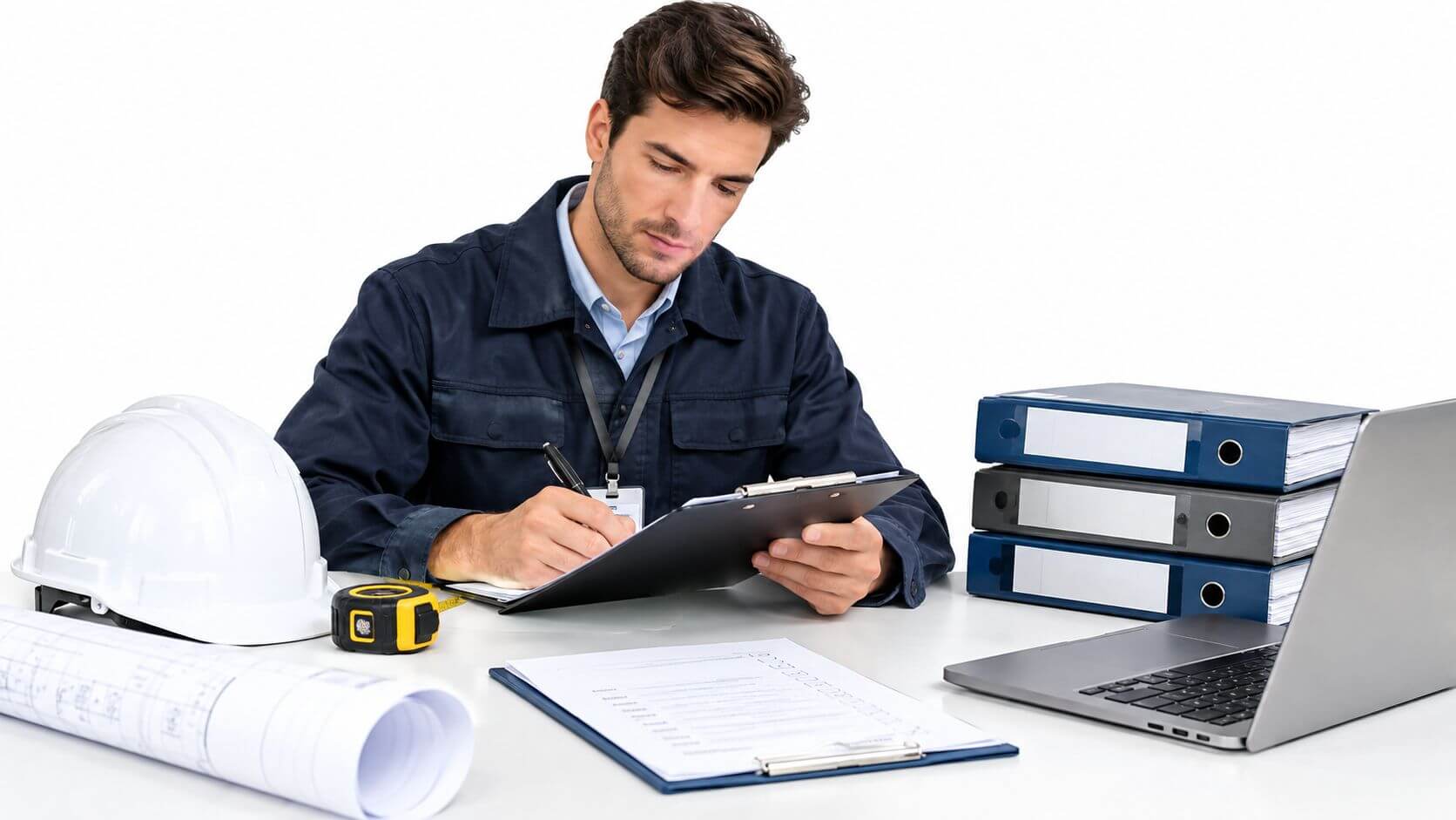 Un ingeniero revisando documentos de construcción y planos con una laptop y casco de seguridad en escritorio