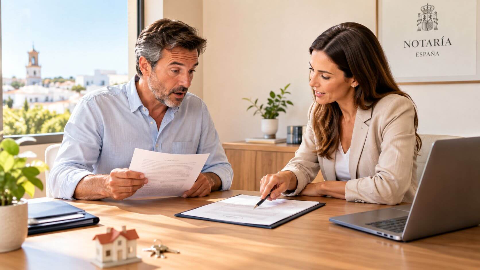 Un agente inmobiliario revisa un contrato legal con un cliente interesado en vender una vivienda con inquilino.