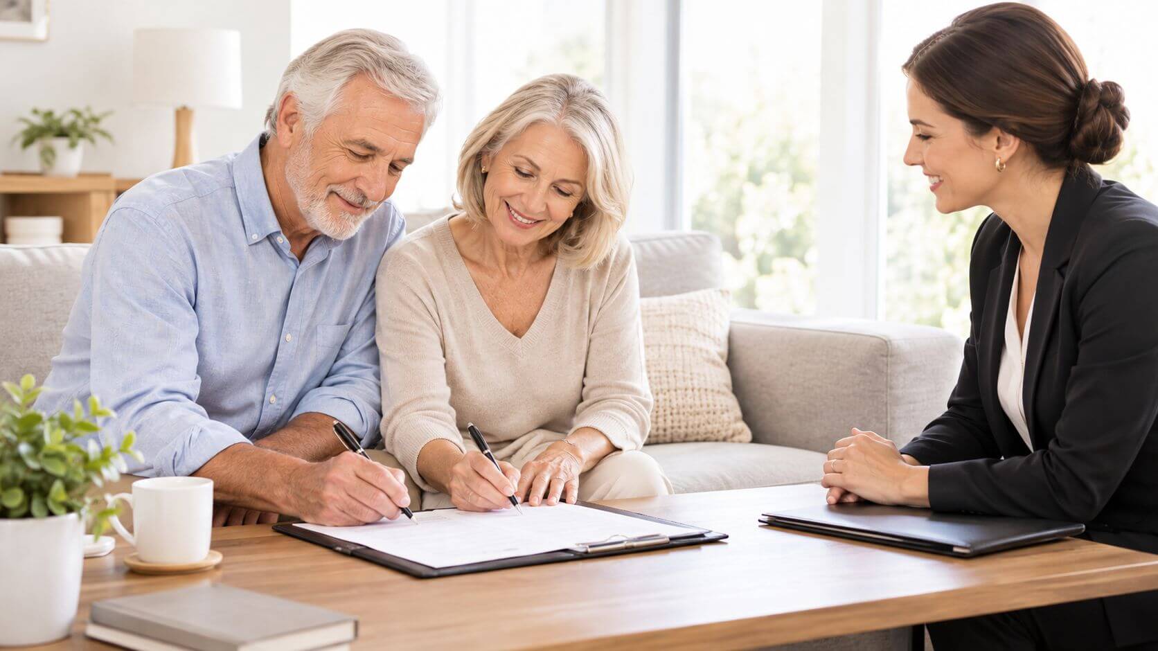 Una pareja de ancianos sonrientes firma documentos legales junto a una asesora profesional en su sala.