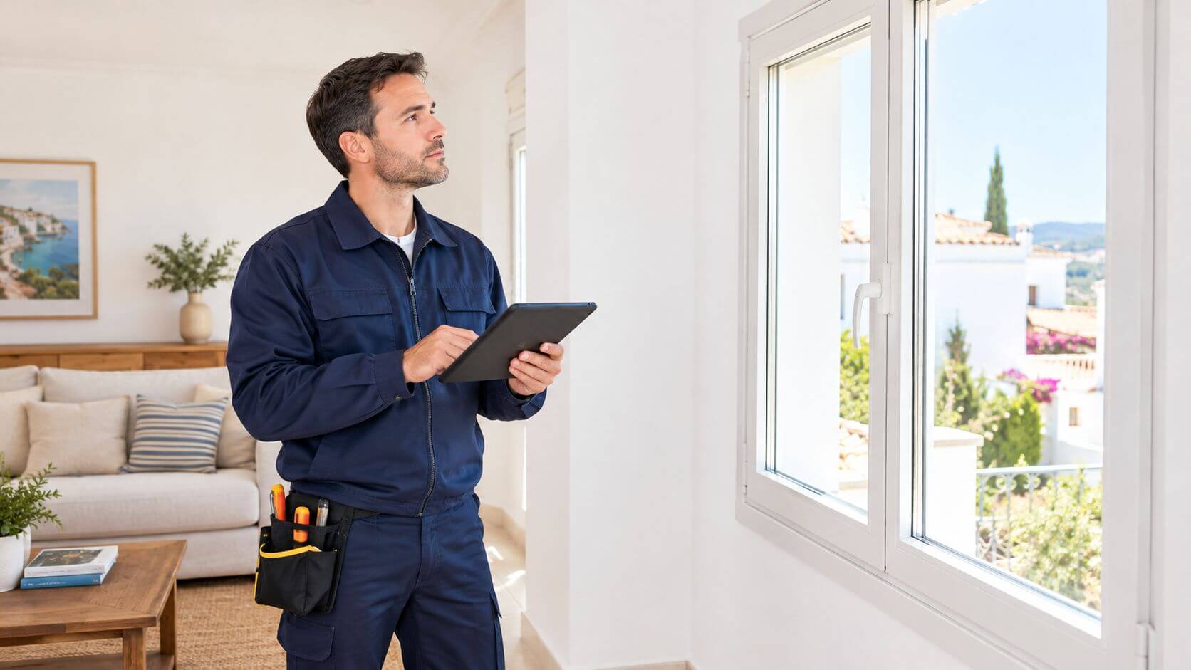 Un profesional en uniforme azul inspeccionando una ventana de una casa con una tableta digital