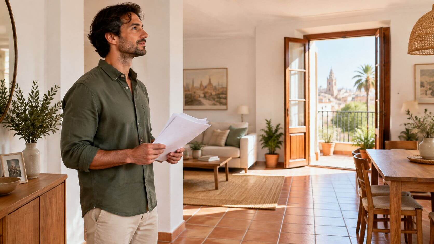 Hombre joven y profesional sosteniendo documentos en una casa moderna y luminosa con vistas al exterior.