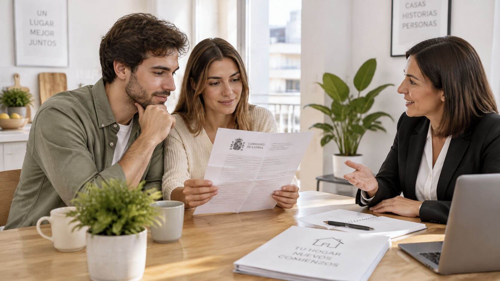 Certificados Energéticos | Cédula de Habitabilidad: qué es Una pareja joven revisa un documento oficial con una asesora inmobiliaria en una mesa de oficina luminosa.